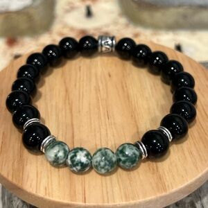 NWOT - Natural Black Onyx & Green Specked Jasper Men's Stretchy Bracelet